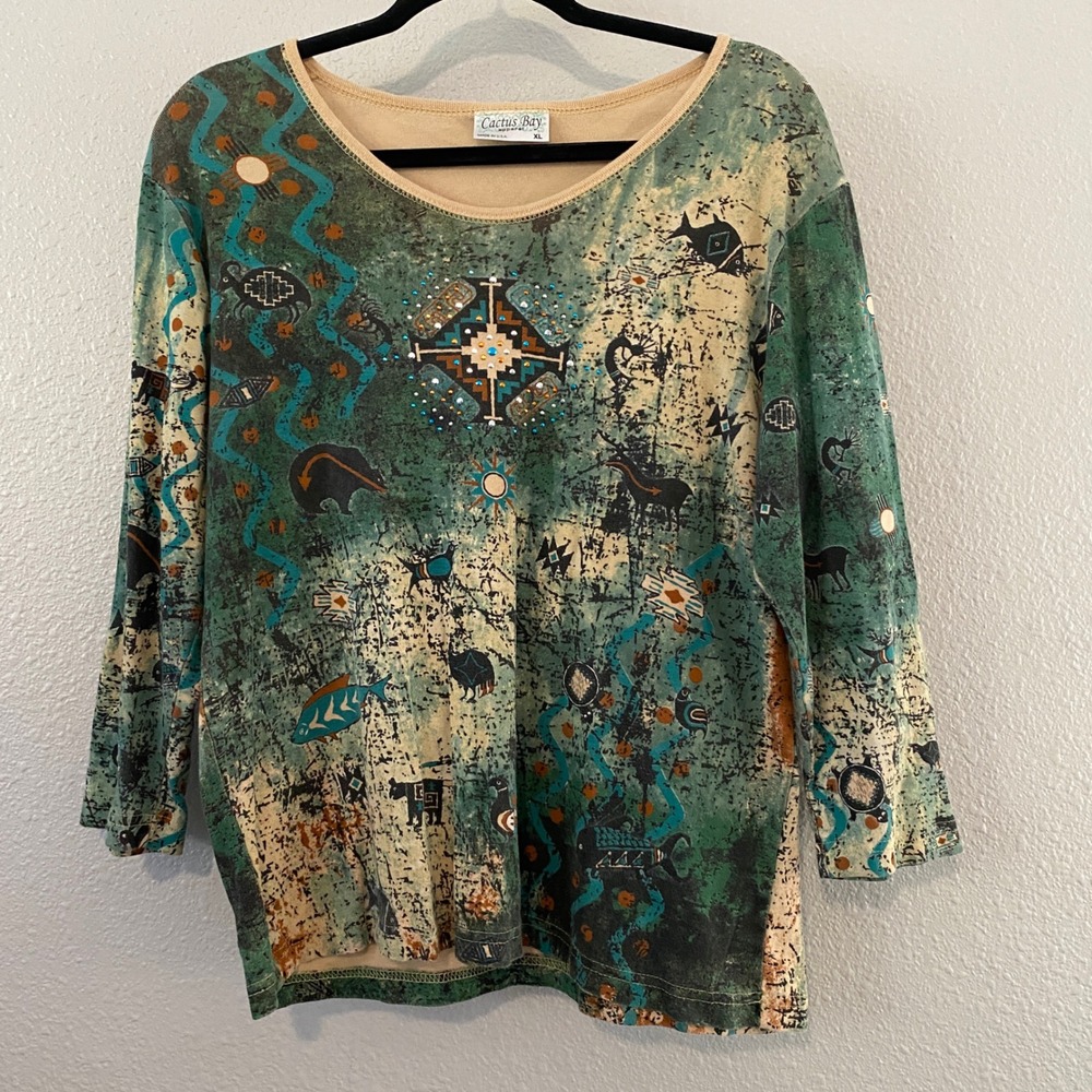 Cactus Bay Y2K Aztec 3/4 Sleeve Top XL Country Cowgirl Southwestern Santa Fe